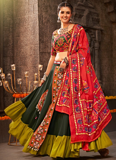 Green And Red Kutchi Embroidered Rajwadi Chaniya Choli