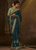 Turquoise Golden Weaved Pure Dola Silk Saree