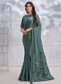 Turquoise Sequence Embroidery Silk Wedding Saree