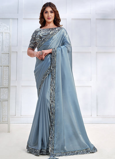 Blue Sequence Embroidery Wedding Silk Saree