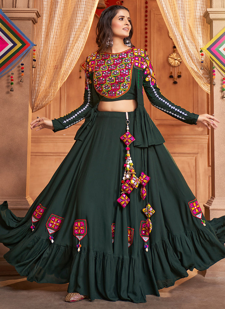 Dark Green Kutchi Embroidered Rajwadi Chaniya Choli