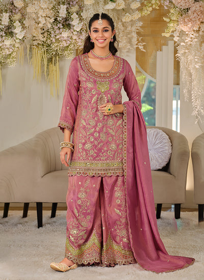 Rose Pink Designer Embroidered Palazzo Suit