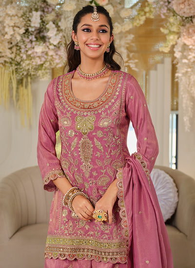 Rose Pink Designer Embroidered Palazzo Suit