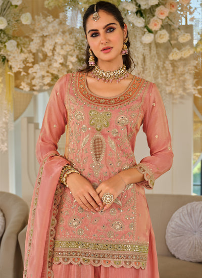 Peach Designer Embroidered Palazzo Suit