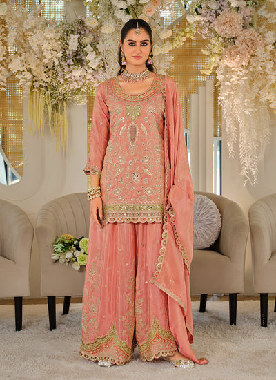 Peach Designer Embroidered Palazzo Suit