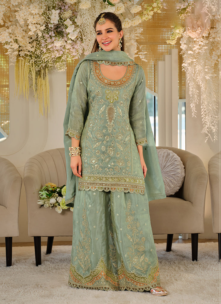 Sea Green Designer Embroidered Palazzo Suit