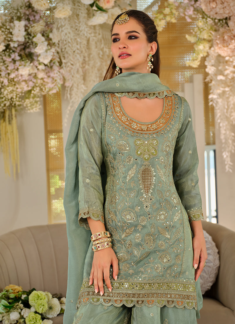 Sea Green Designer Embroidered Palazzo Suit