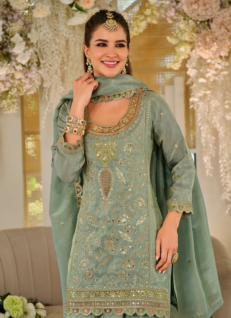 Sea Green Designer Embroidered Palazzo Suit