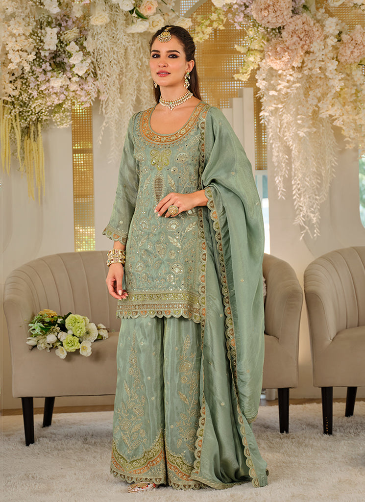 Sea Green Designer Embroidered Palazzo Suit