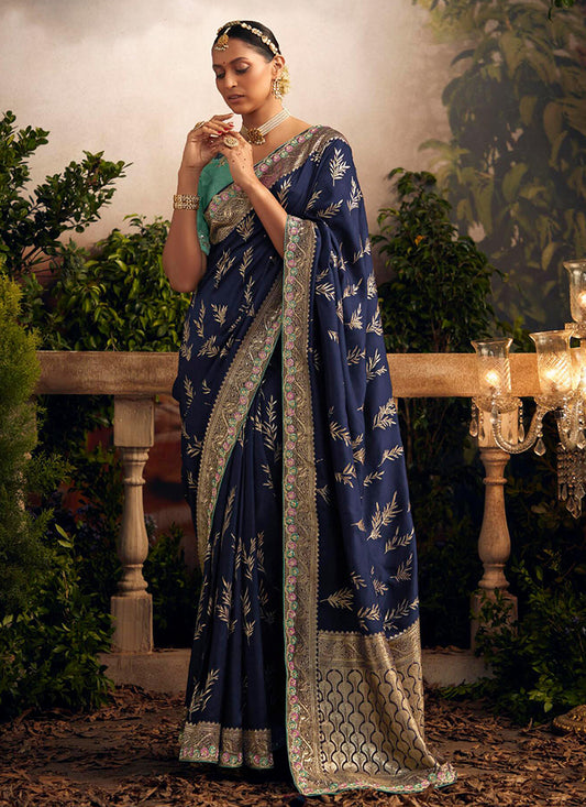 Navy Blue Multi Embroidered Traditional Silk Saree