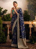 Navy Blue Multi Embroidered Traditional Silk Saree