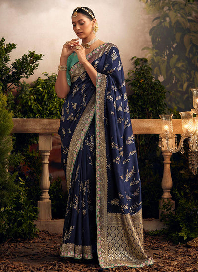 Navy Blue Multi Embroidered Traditional Silk Saree