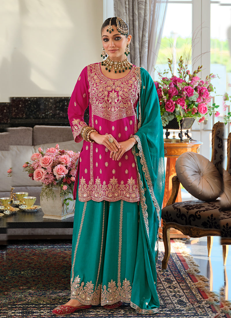 Magenta And Teal Embroidery Sharara Style Suit