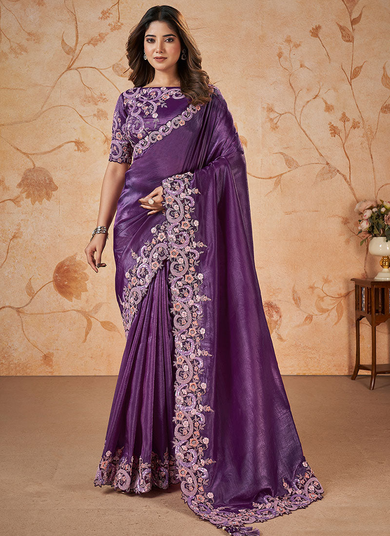 Deep Purple Multi Sequence Embroidery Wedding Saree