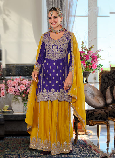Violet And Yellow Embroidery Sharara Style Suit