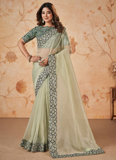Light Green Multi Sequence Embroidery Wedding Saree