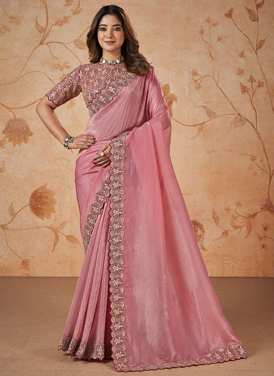 Pink Multi Sequence Embroidery Wedding Saree