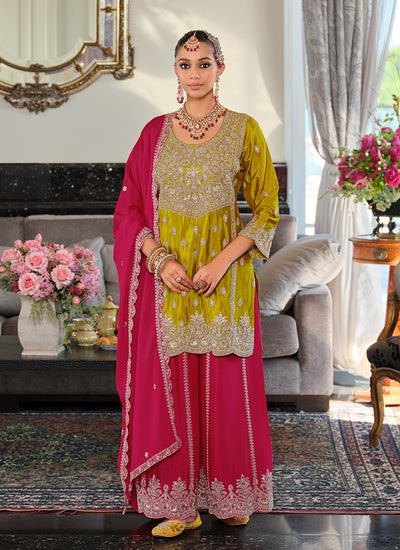 Magenta And Yellow Embroidery Sharara Style Suit