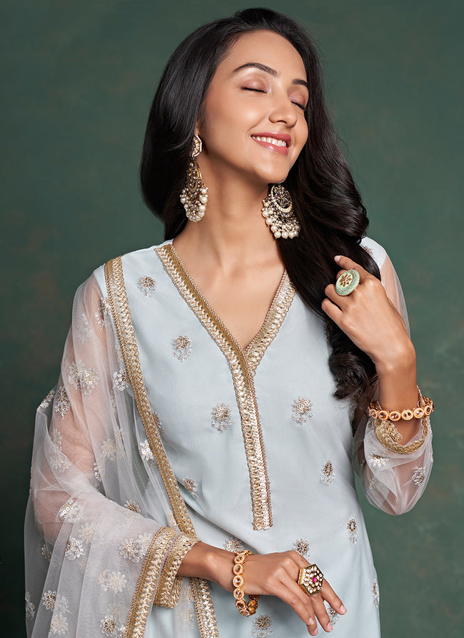 Ice Blue Embroidery Salwar Suit In USA UK