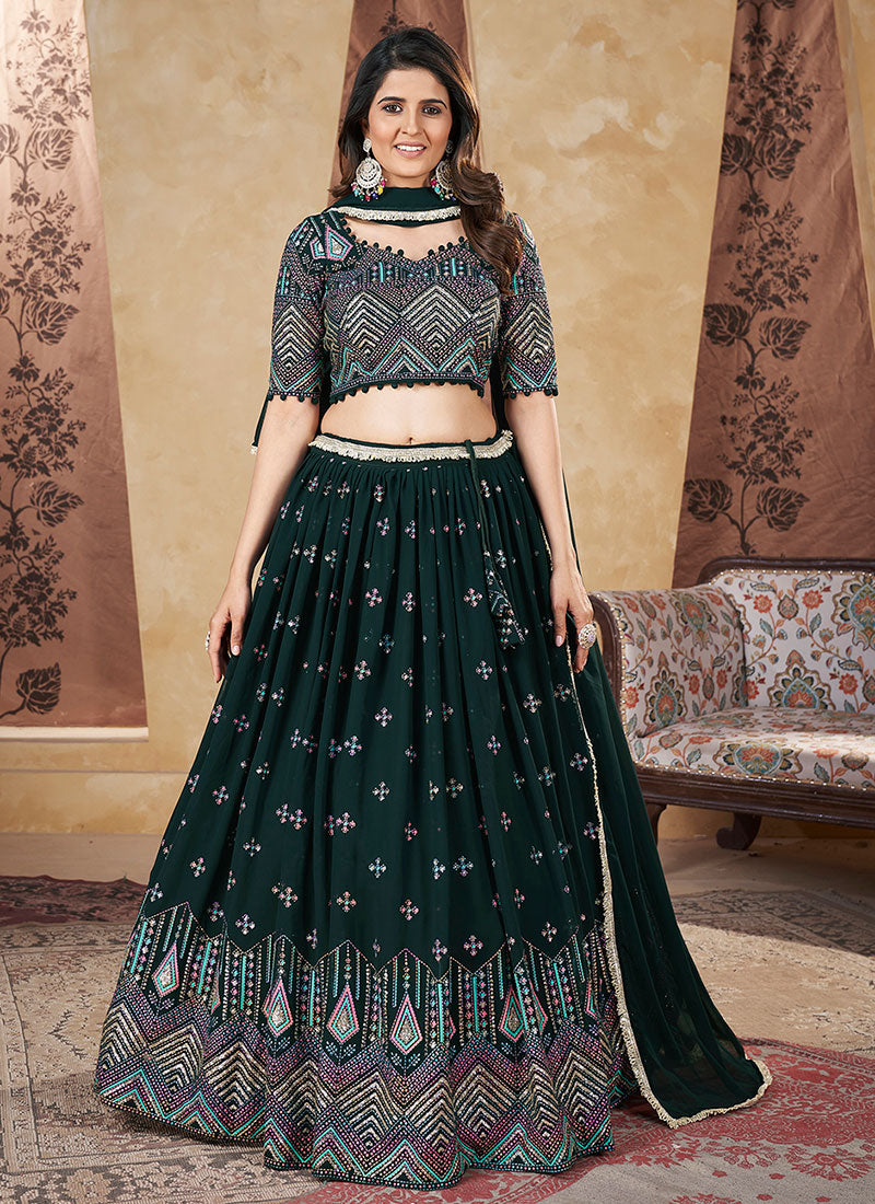 Green Multi Embroidery Wedding Lehenga Choli