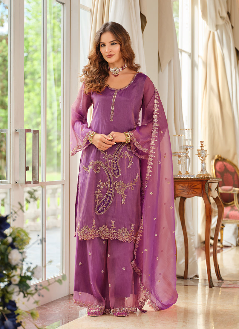 Mist Purple Organza Silk Palazzo Suit