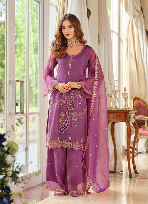 Mist Purple Organza Silk Palazzo Suit