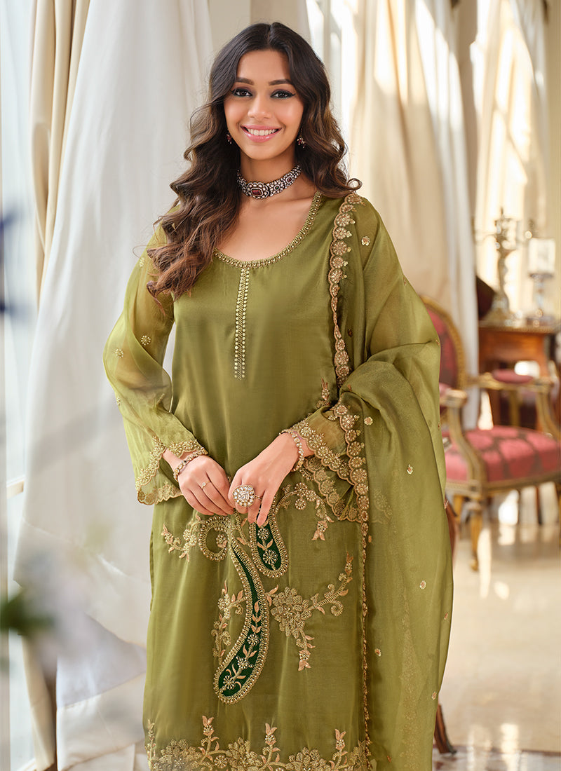 Green Organza Silk Palazzo Suit