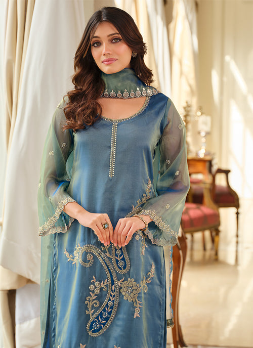 Teal Blue Organza Silk Palazzo Suit