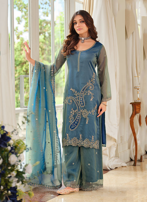Teal Blue Organza Silk Palazzo Suit