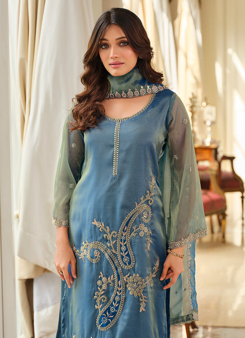 Teal Blue Organza Silk Palazzo Suit