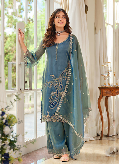 Teal Blue Organza Silk Palazzo Suit