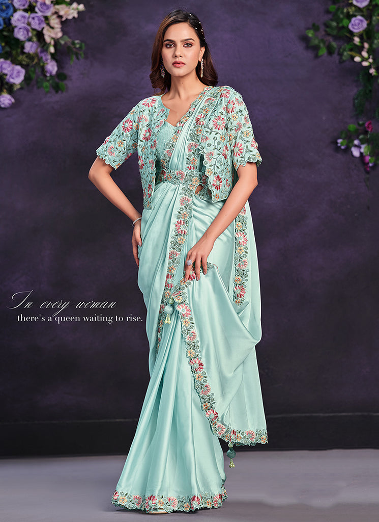 Buy Aqua Blue Embroidered Ready To Wear Wedding Saree Online | Hatkay Buy Aqua Blue Embroidered Ready To Wear Wedding Saree Online | Hatkay