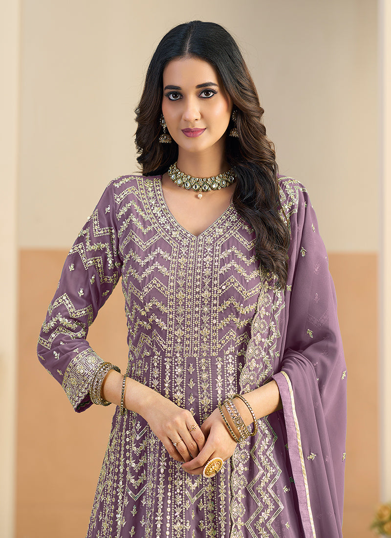 Purple Embroidery Festive Anarkali Suit