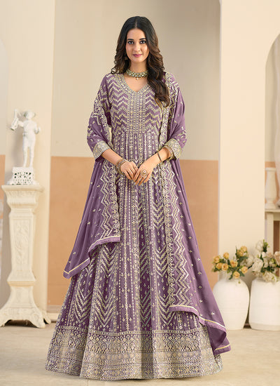 Purple Embroidery Festive Anarkali Suit