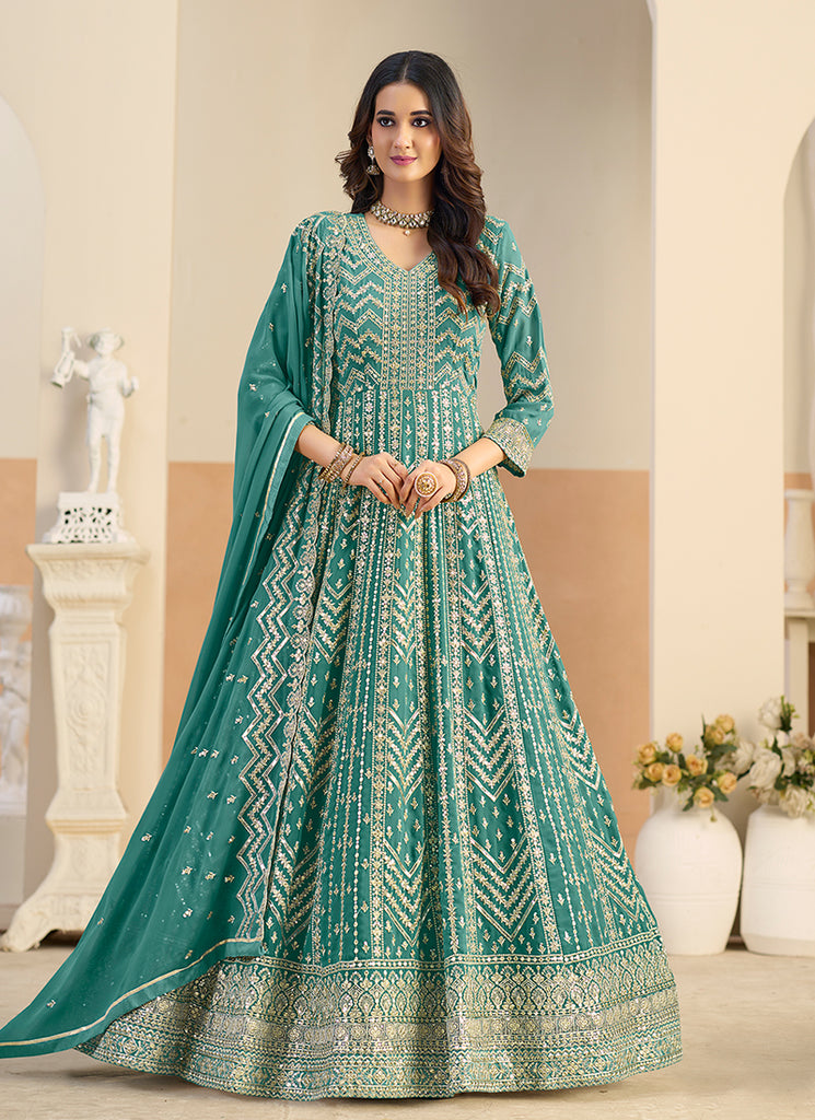 Turquoise Embroidery Festive Anarkali Suit