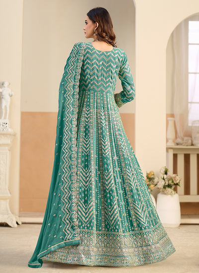 Turquoise Embroidery Festive Anarkali Suit
