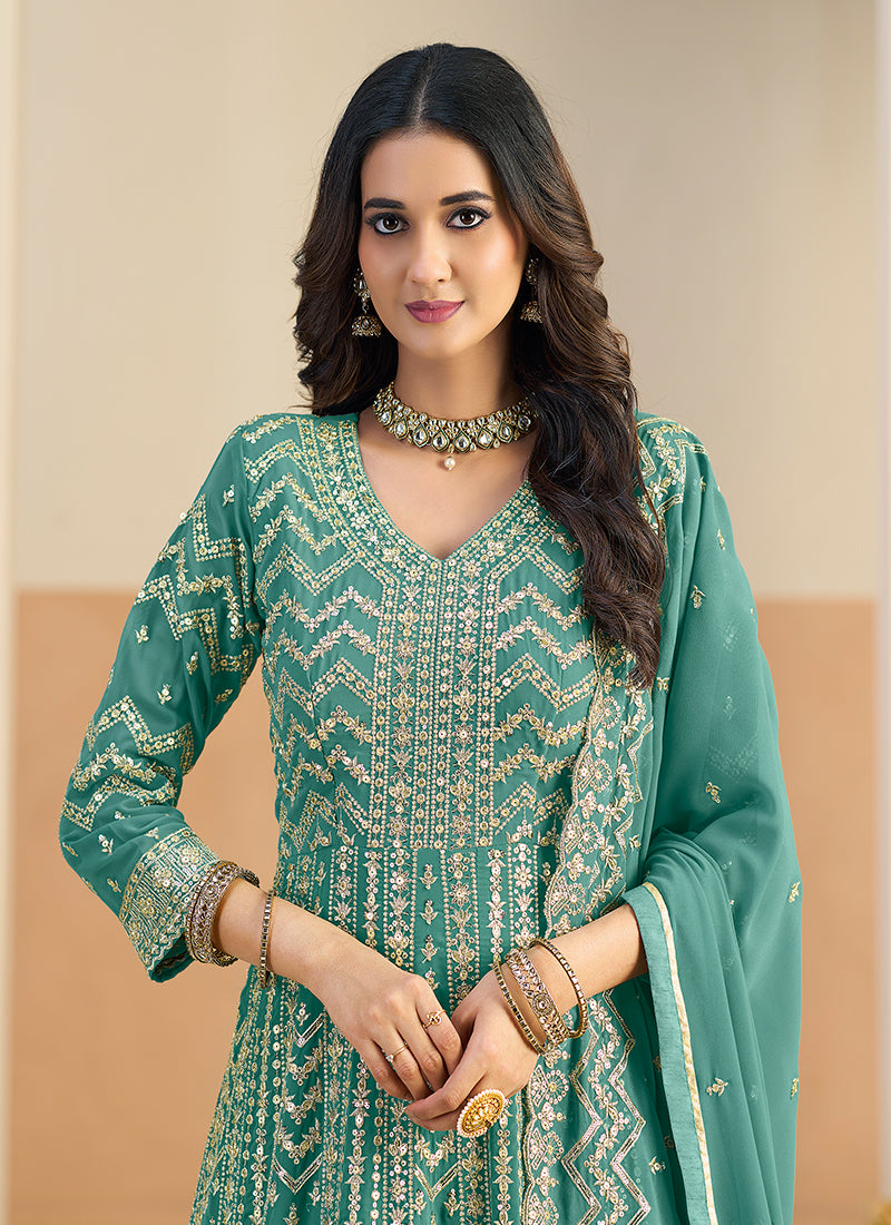 Turquoise Embroidery Festive Anarkali Suit