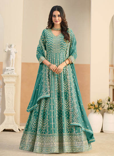 Turquoise Embroidery Festive Anarkali Suit