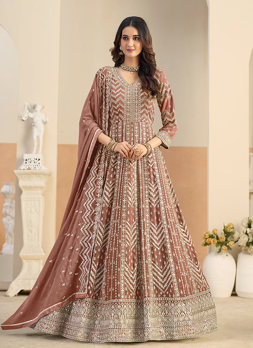 Peach Embroidery Festive Anarkali Suit