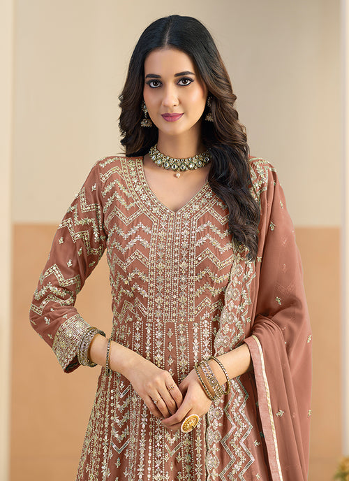 Peach Embroidery Festive Anarkali Suit
