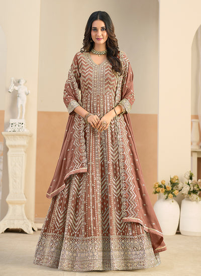 Peach Embroidery Festive Anarkali Suit