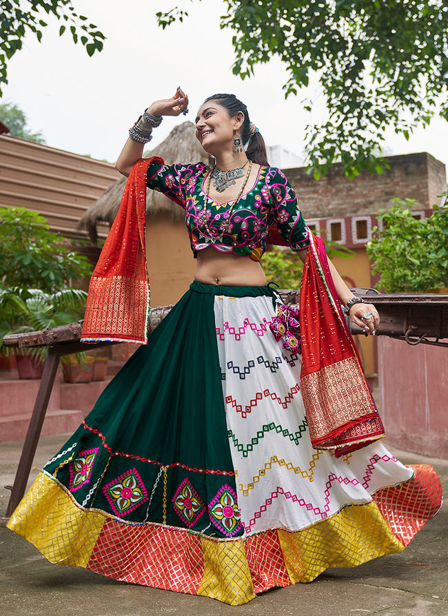 Buy White And Green Multicoloured Kutchi Embroidered Chaniya Choli For Navratri