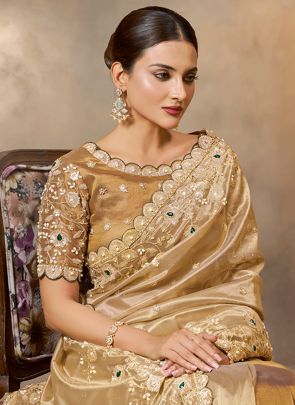 Golden Yellow Handwork Embroidery Festive Saree And Blouse