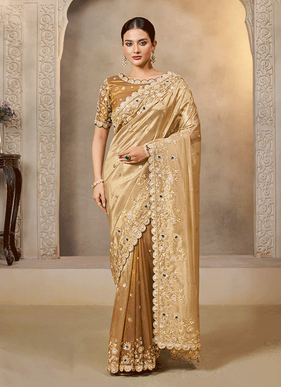 Golden Yellow Handwork Embroidery Festive Saree