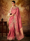 Rose Pink Multi Embroidery Banarasi Kanjivaram Silk Saree