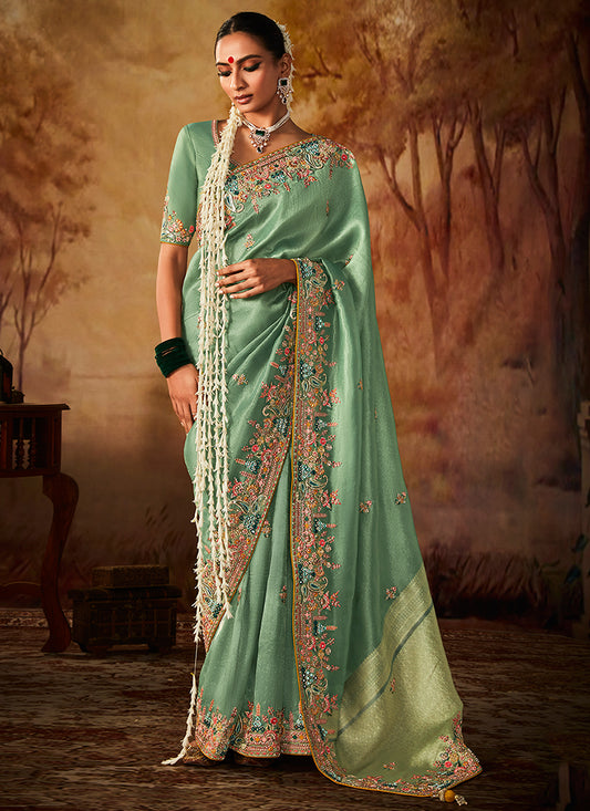 Mint Green Multi Embroidery Banarasi Kanjivaram Silk Saree