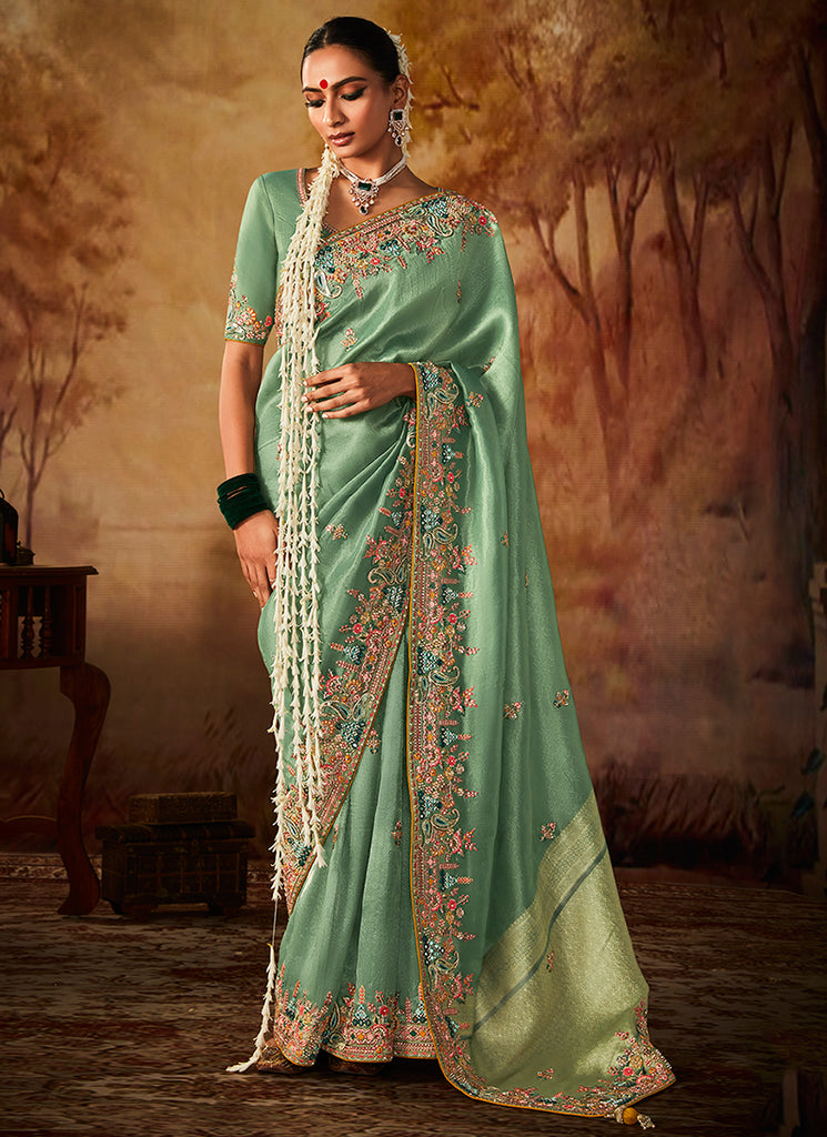 Mint Green Multi Embroidery Banarasi Kanjivaram Silk Saree