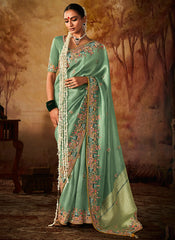 Mint Green Multi Embroidery Banarasi Kanjivaram Silk Saree