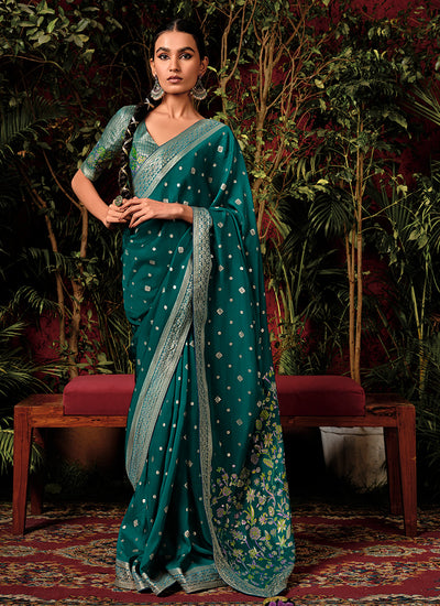 Dark Green Floral Viscose Silk Saree