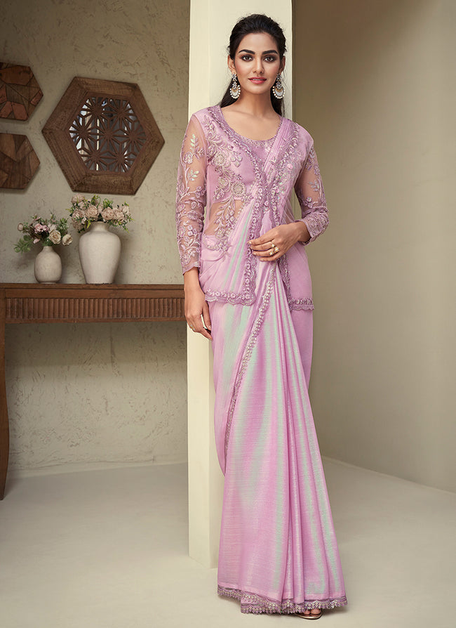 Lavender Sequence Embroidery Saree With Designer Jacket